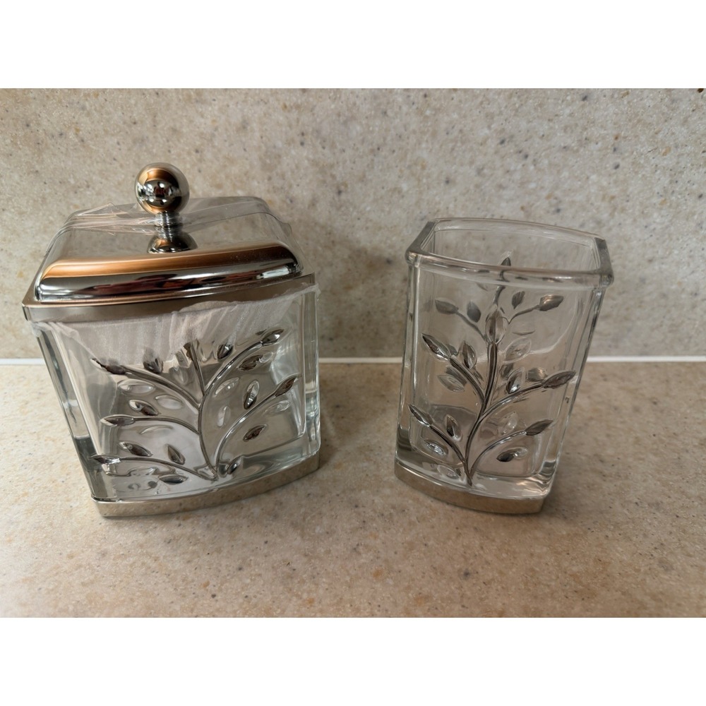 Tahari Silver Leaf Glass Cotton Ball Q-Tip Jar & Tumbler Bathroom Set 2pc